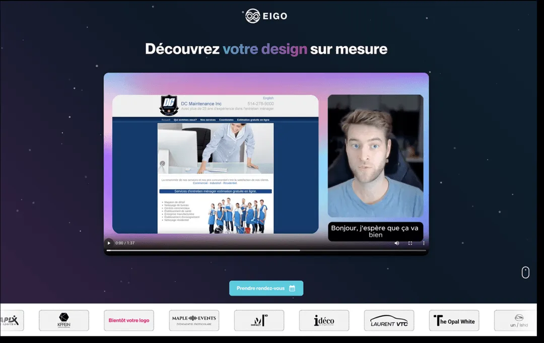 Aperçu de la landing page de prospection vidéo